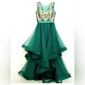 Jodi Kristopher Teal and Gold Layered Gown